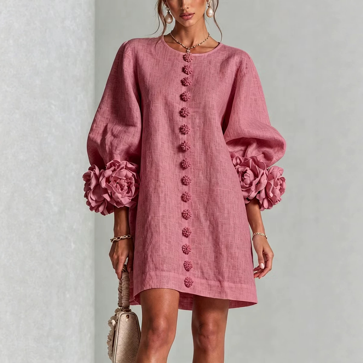 French 3D Floral Lantern Sleeve Cotton-Linen Dress Round Neck Button Front Loose Fit