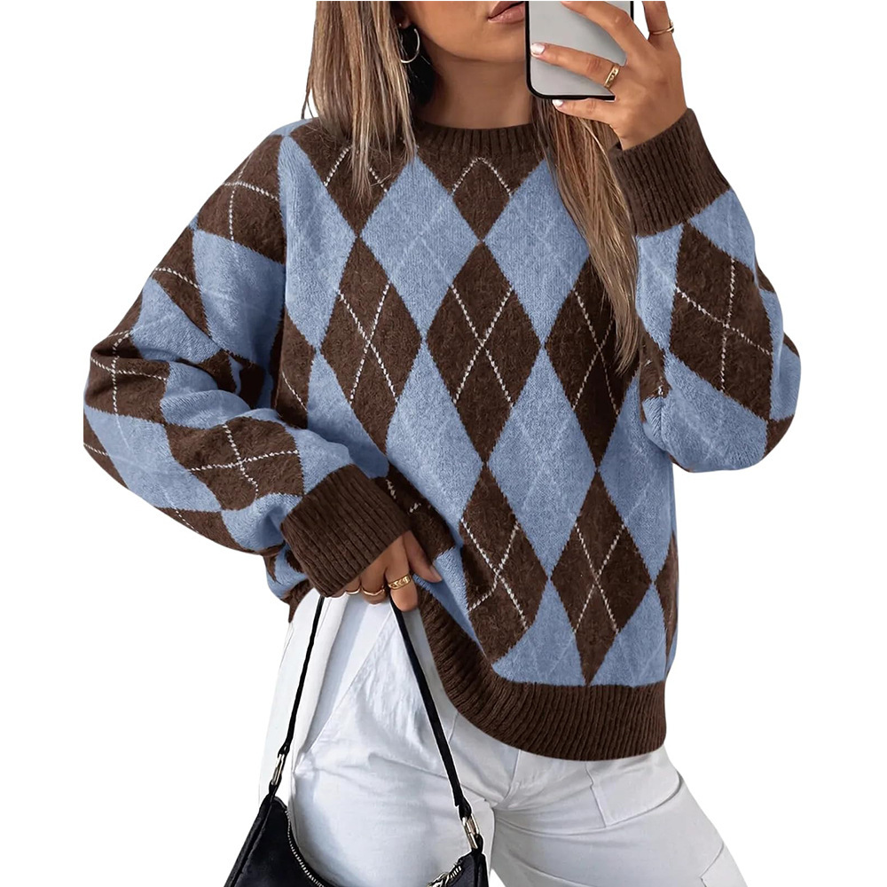 Women's Loose Color-Block Argyle Crewneck Sweater