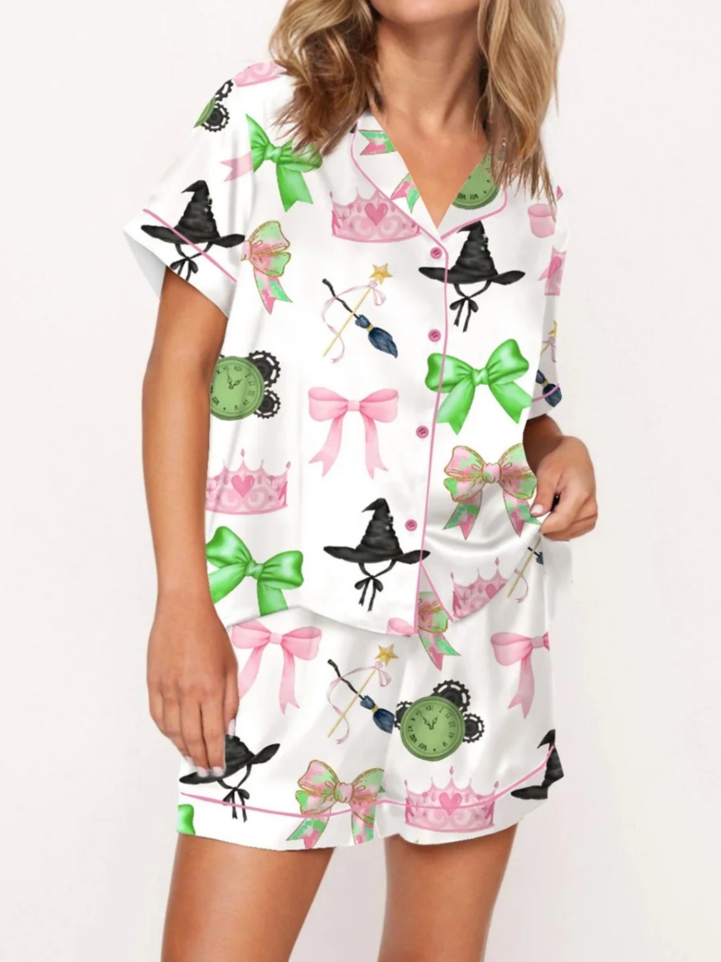 Women's Cuban Collar Short Sleeve Shirt Set with Novelty Print