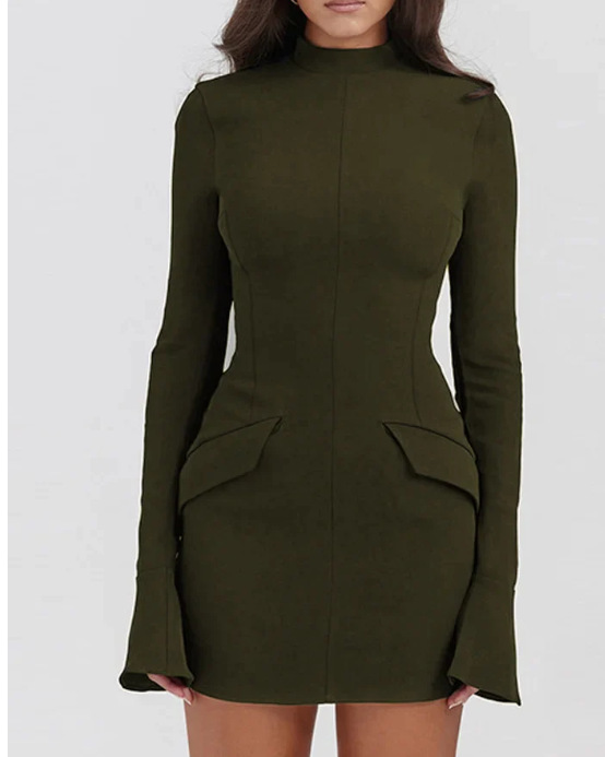 Women's Long Sleeve Bodycon Dress Round Neck Ruffle Trim