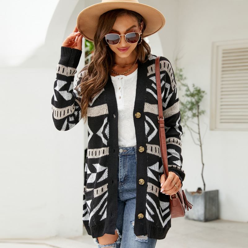 Women's Diamond Jacquard Knit Cardigan Loose Midi Sweater Coat