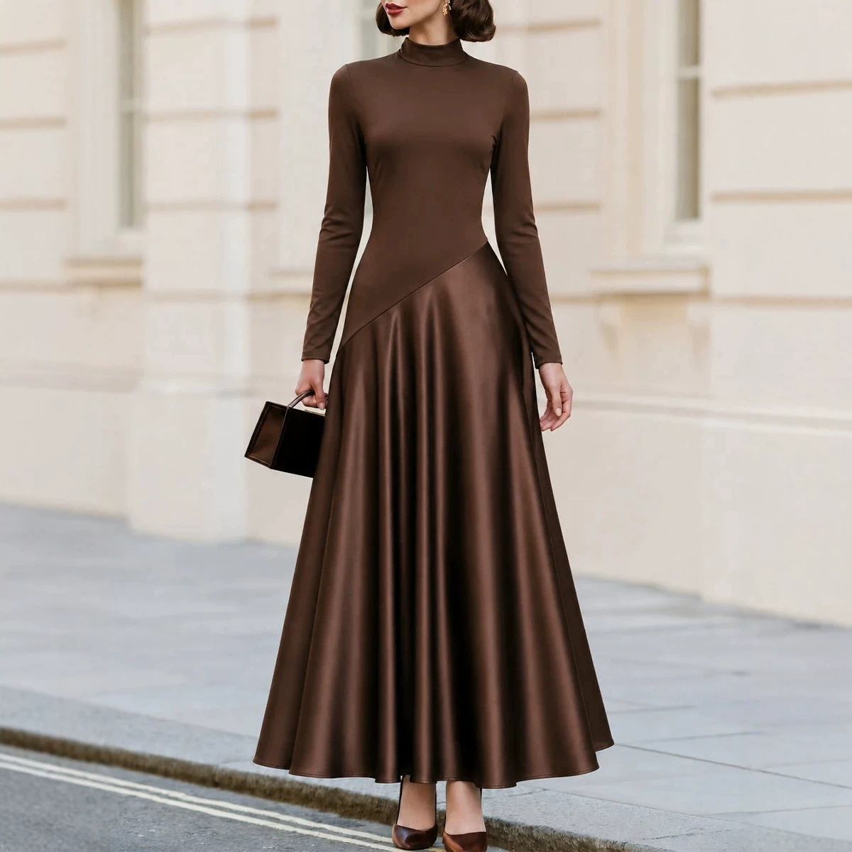Brown Satin Paneled Long Sleeve Dress with Half Turtleneck and Fitted Waist