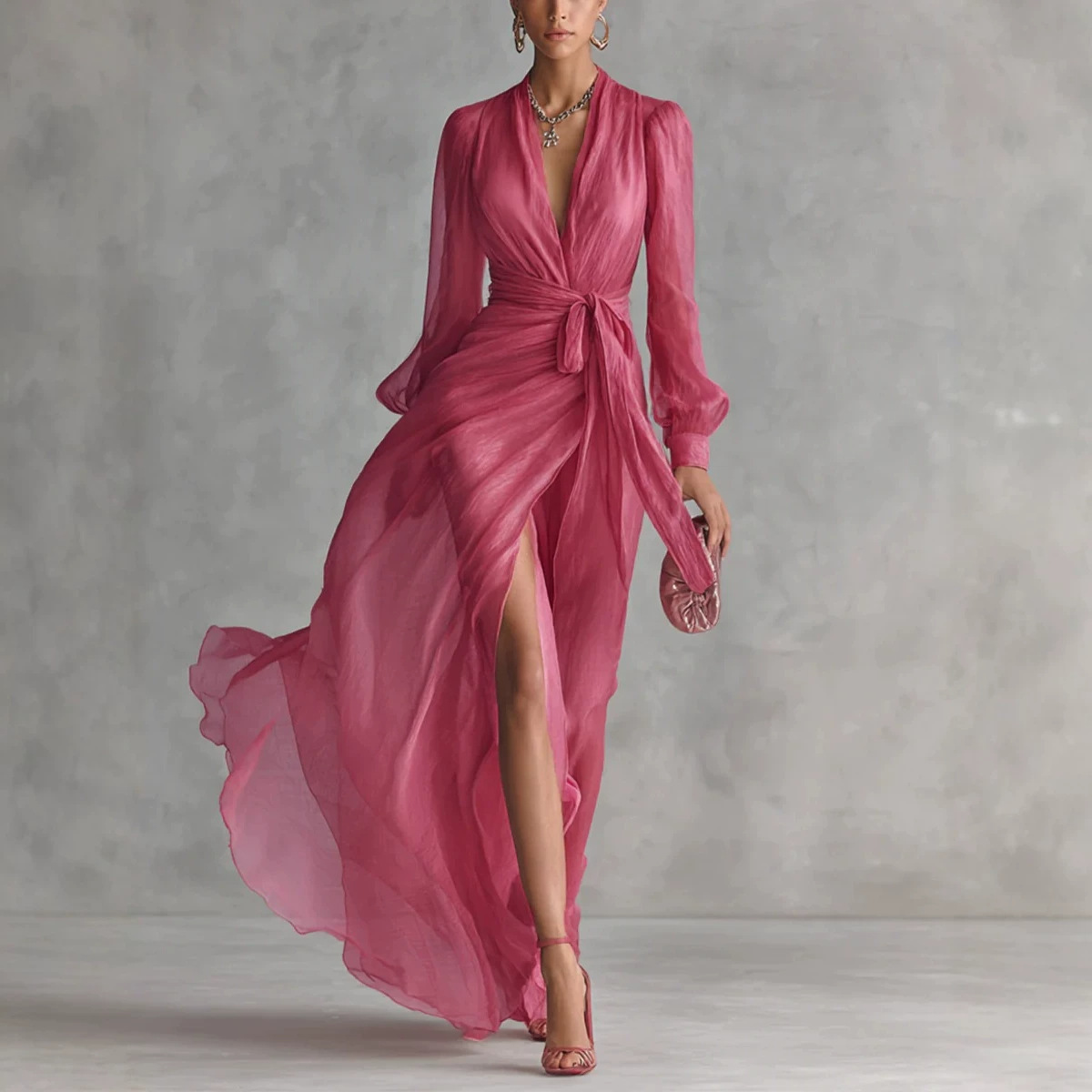 V-Neck Chiffon Long Sleeve High Slit Maxi Dress