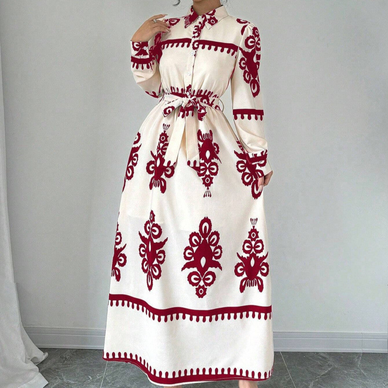 Printed Long-Sleeve Collared Shirt Dress