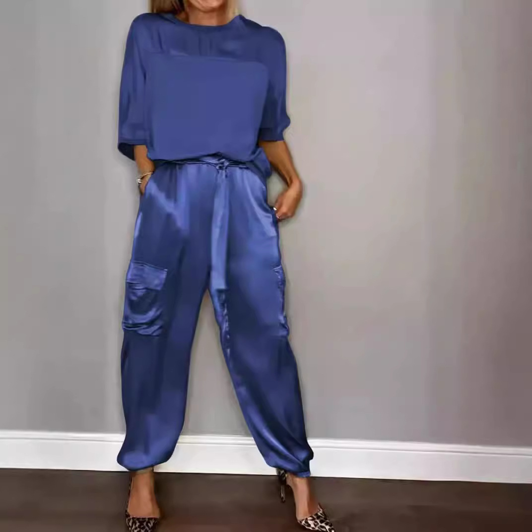 Women's Satin Half-Sleeve Top and Pants Two-Piece Set