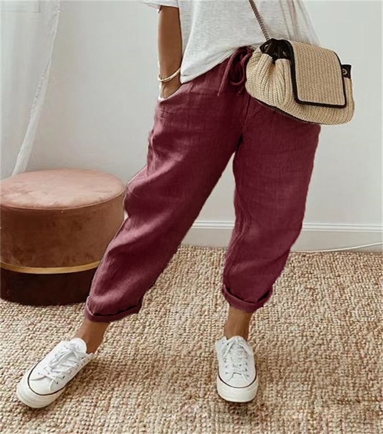 Women's Cotton-Linen Elastic Waist Casual Pants with Pockets