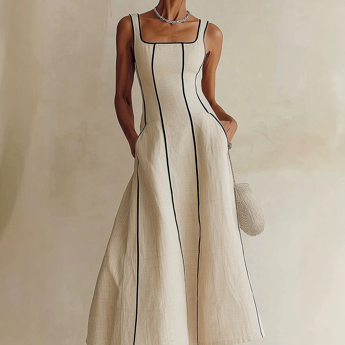 French Square-Neck Contrast Stitch Linen-Blend Midi Dress with Pockets