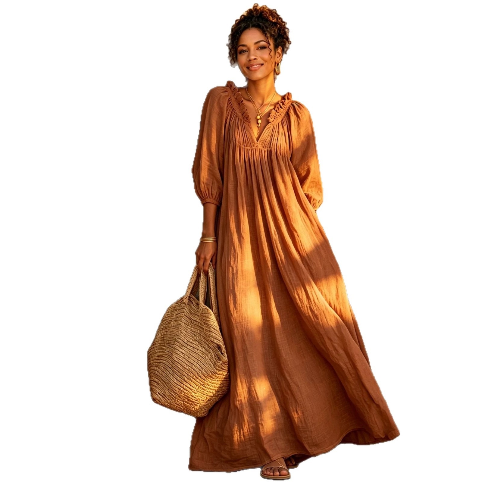 V-Neck Lantern Sleeve Boho Maxi Dress