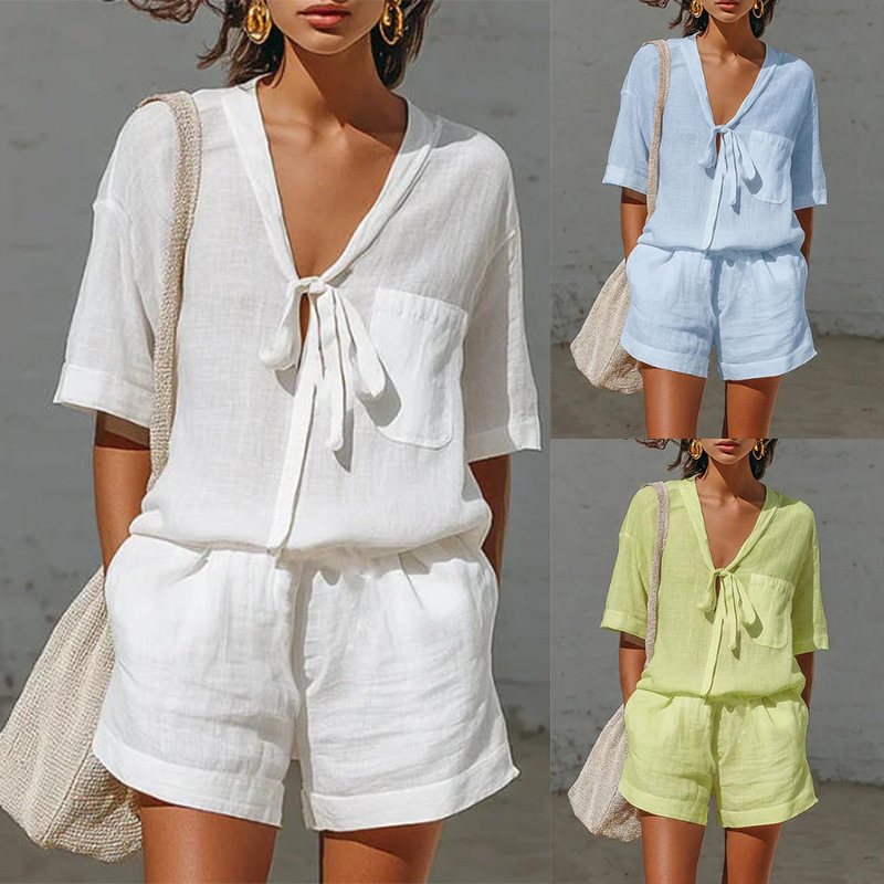 Women's Solid Color Tie-Front Short Sleeve Shirt and Shorts Set