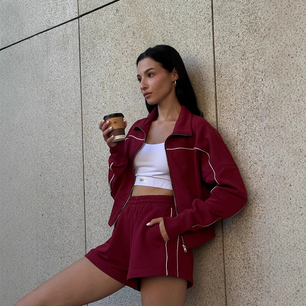 Striped Two-Piece Lounge Set with Long Sleeve Zip-Up Collared Top and Elastic Waist Shorts