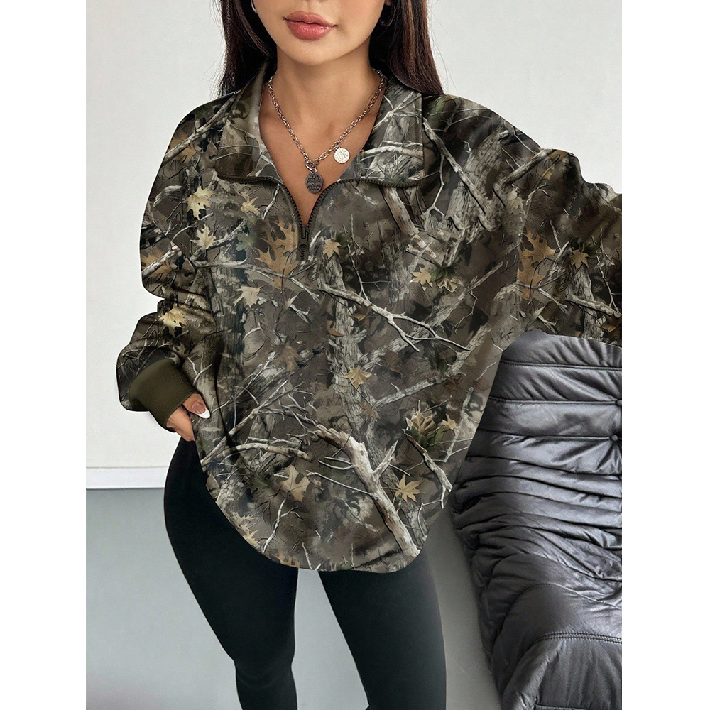 Women's Branch Print Loose Sweatshirt with Collar