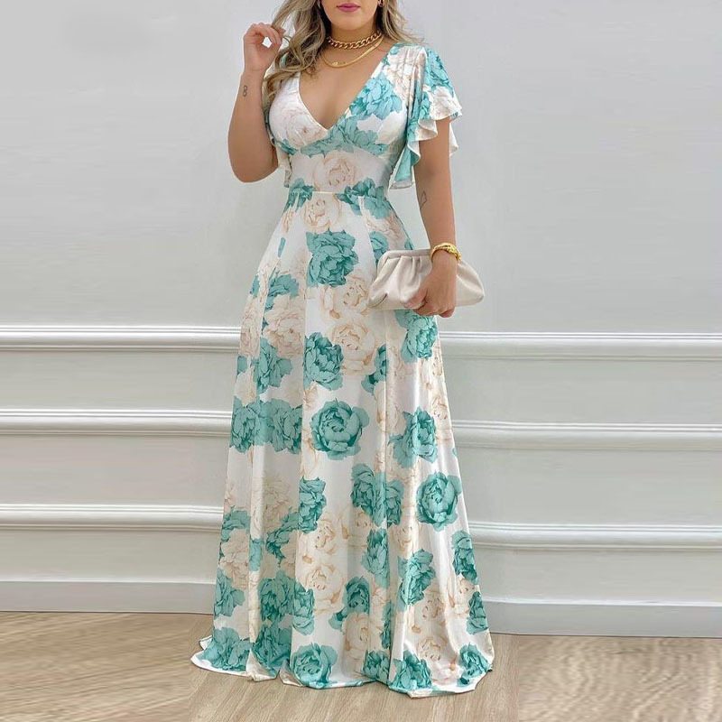 Women's Floral Print V-Neck High Waist A-Line Maxi Dress