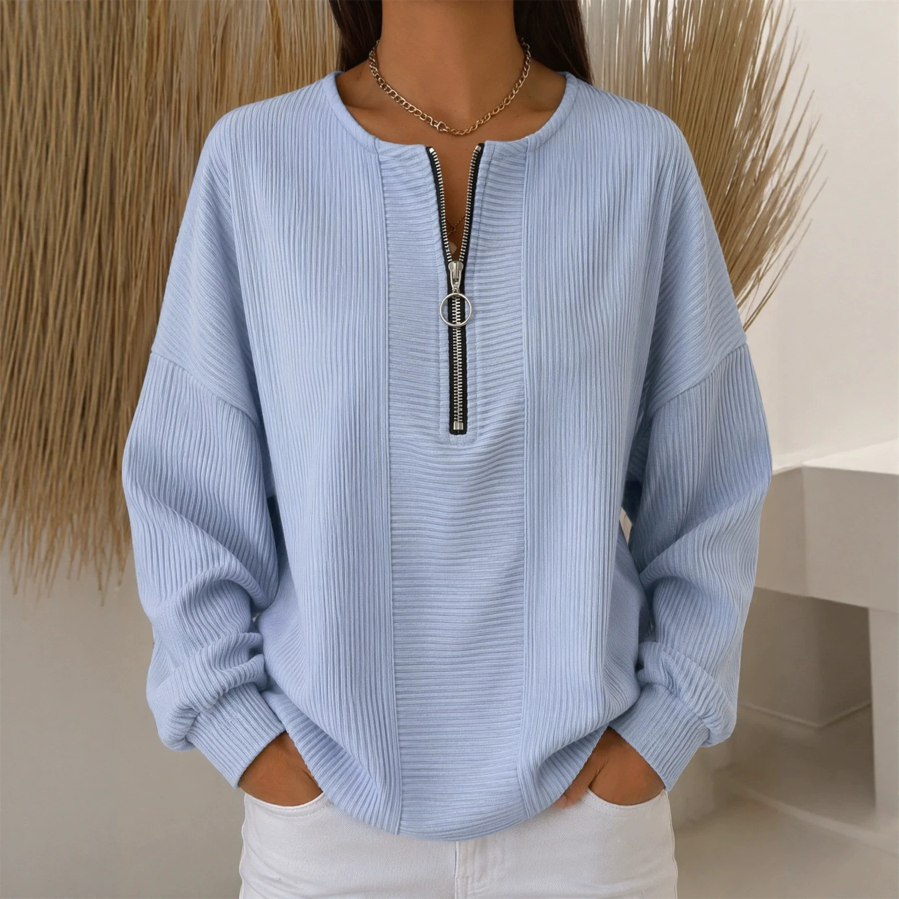 Snake-Textured Half-Zip Crewneck Loose Long-Sleeve Top for Women