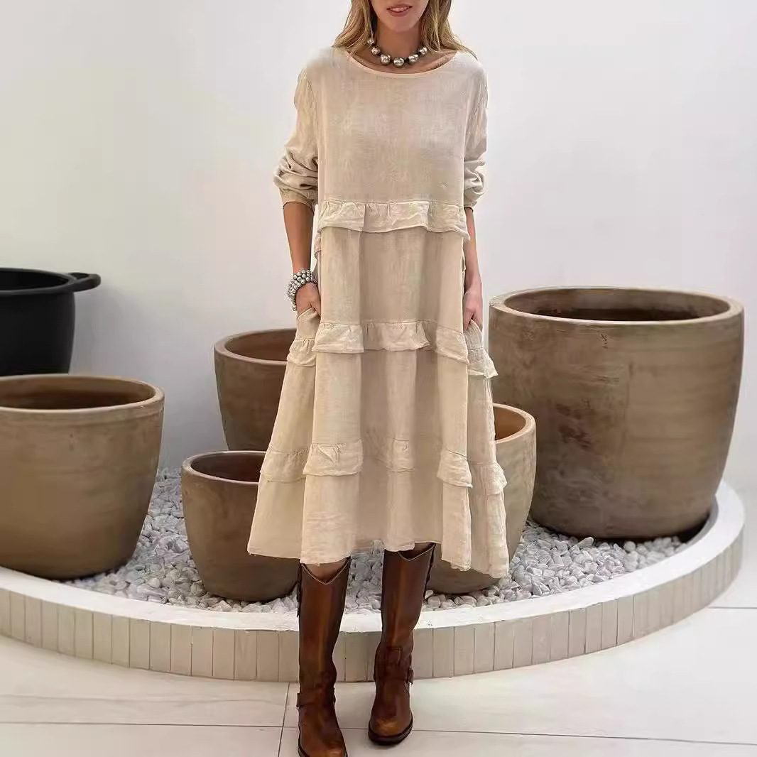 Women's Long Sleeve Ruffle Trim A-Line Dress with Pockets