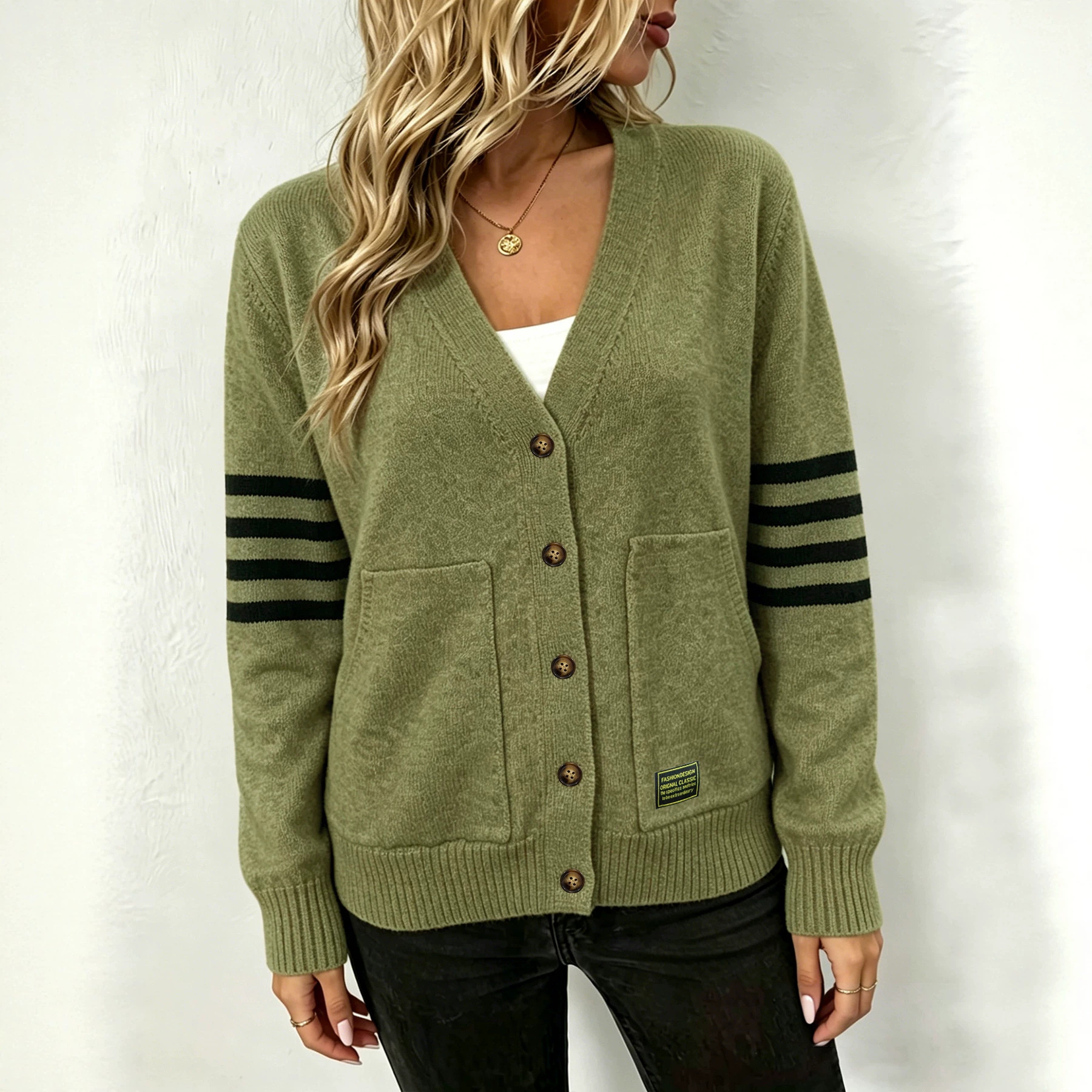 Women's Striped Zip-Up Knit Cardigan with Ring Pull
