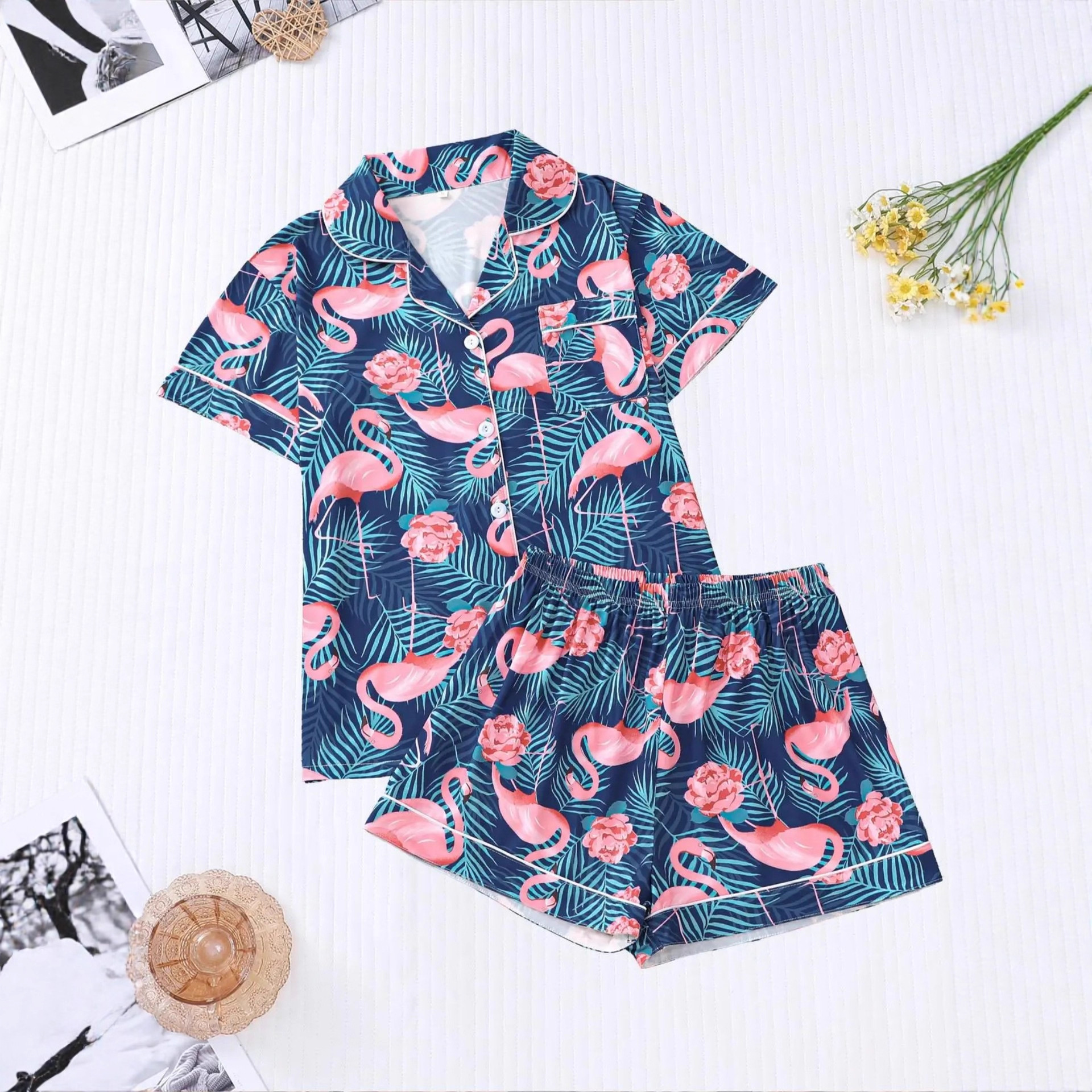 Women's Flamingo Print Collared Shirt Set Casual Loungewear