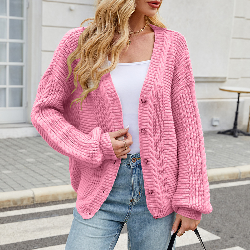 Women's Lazy Style Loose Cable Knit V-Neck Cardigan Sweater