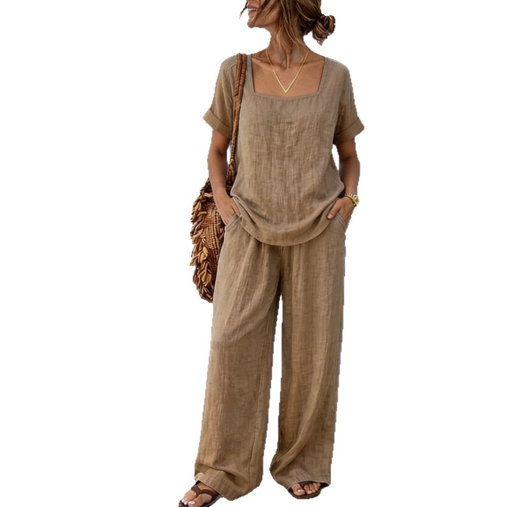 Women's Square Neck Short Sleeve Top and Pants Washed Cotton Set