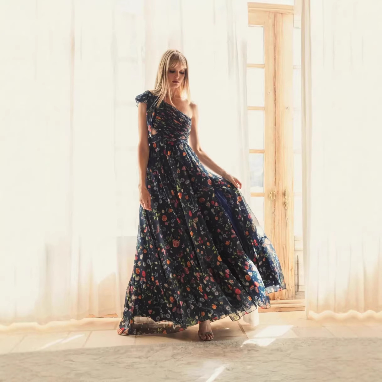 Women's One-Shoulder Asymmetric Long Dress with Lining and Mesh Digital Print