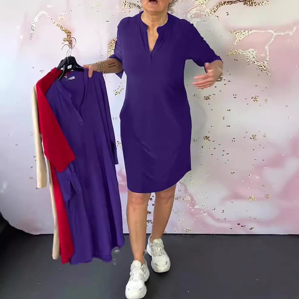 Women's Solid V-Neck Midi Dress Long Sleeve High Waist