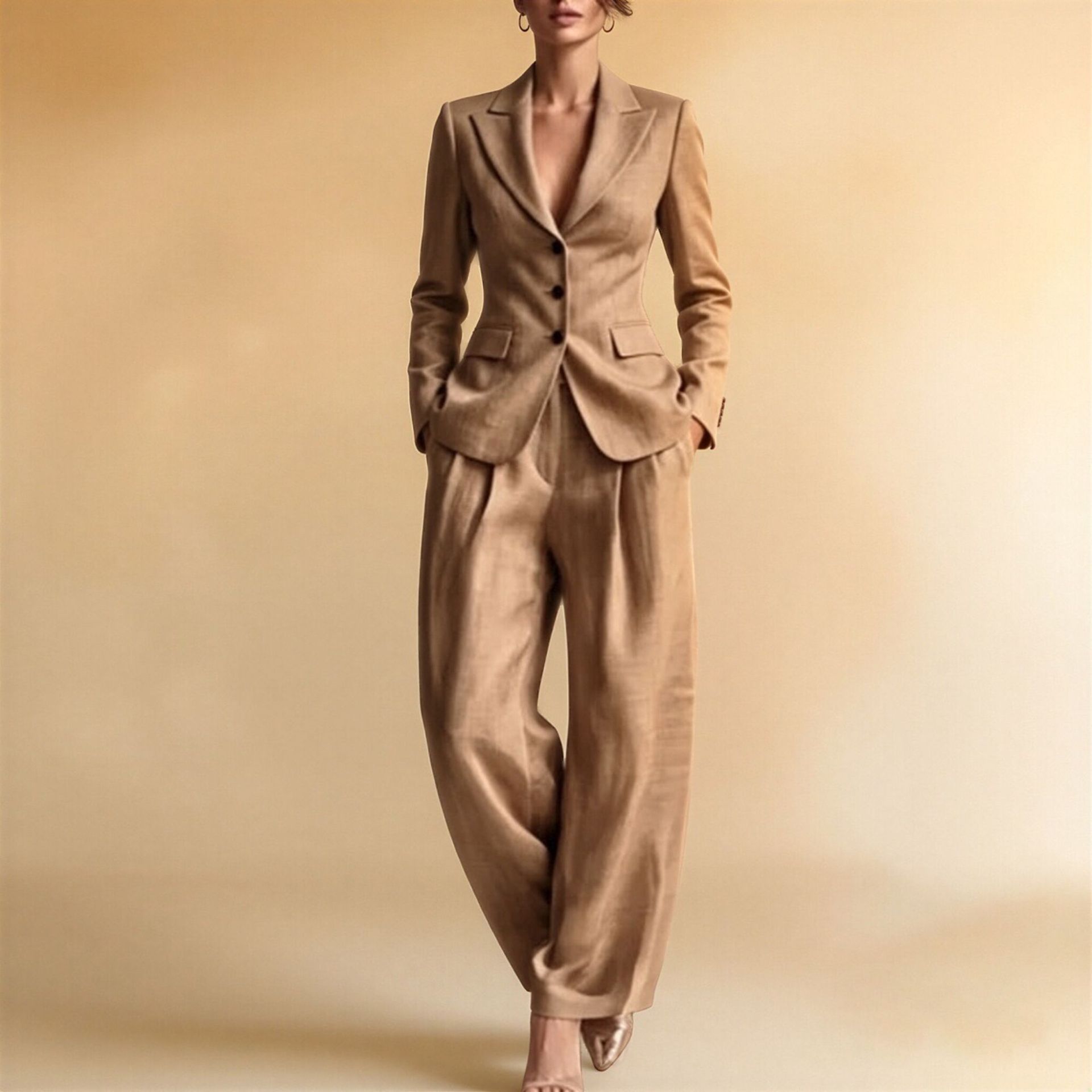 Women's Solid Color Blazer & Straight-Leg Pants Suit Set