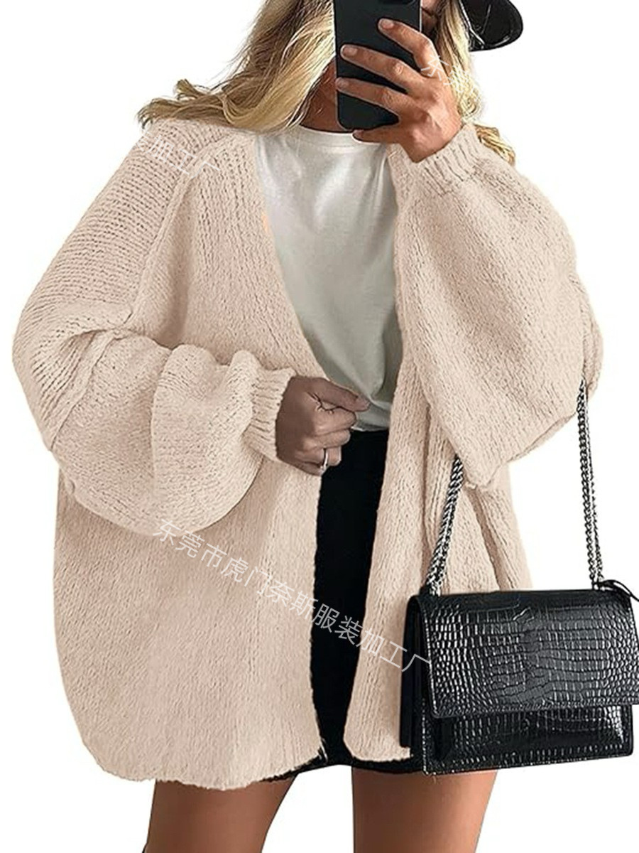 Women's Knit Cardigan Sweater Loose Crew Neck Three-Quarter Sleeve