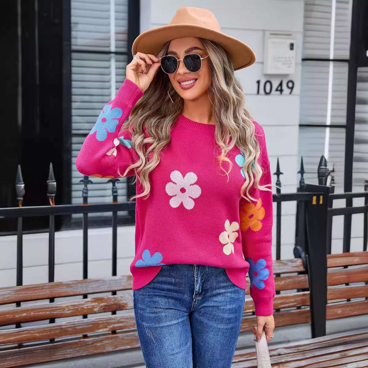 Floral Colorblock Crewneck Knit Sweater