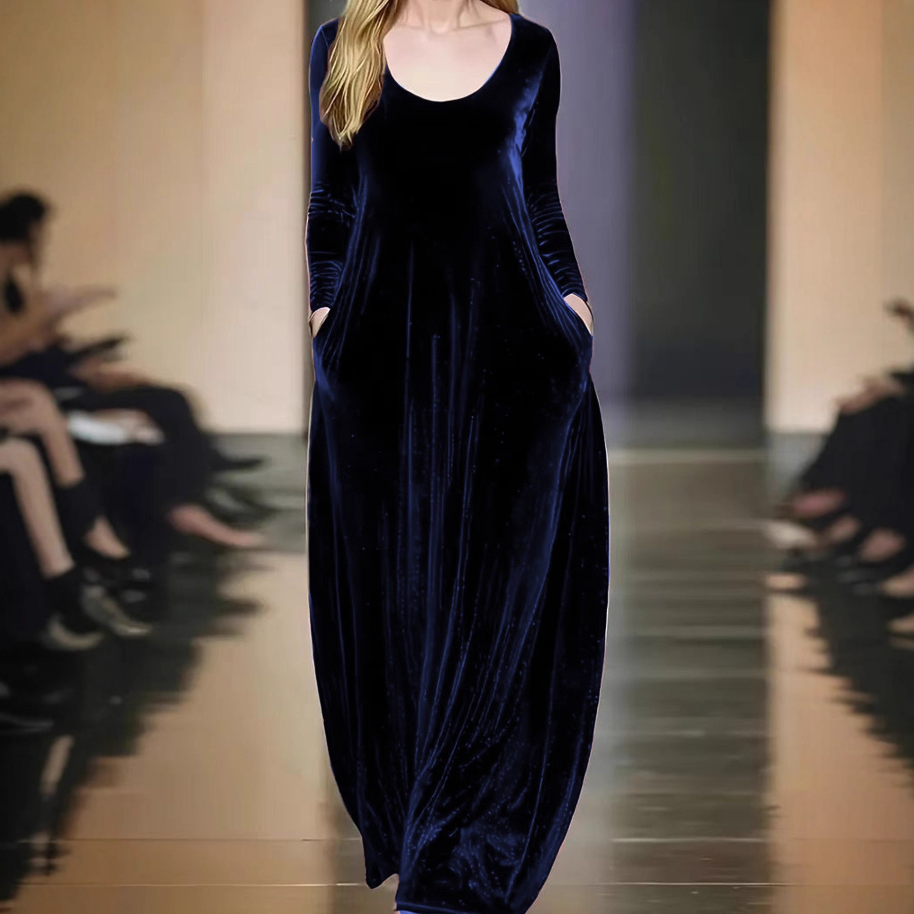 Velvet Long Sleeve Round Neck A-Line Maxi Dress