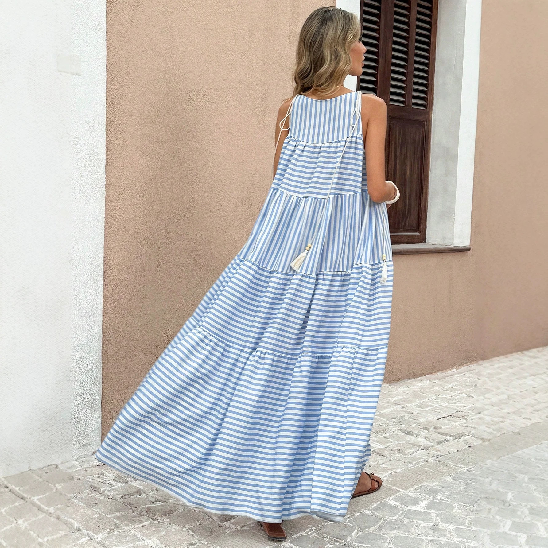 Women's Striped Fringe Tiered Cami Maxi Dress Beach Vacation