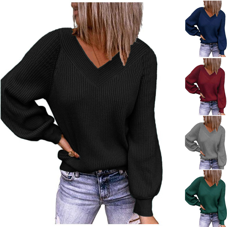 Women's Plus Size Loose V-Neck Solid Knit Pullover Sweater