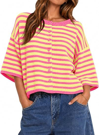 Color-Block Striped Bell-Sleeve Button Cardigan Sweater