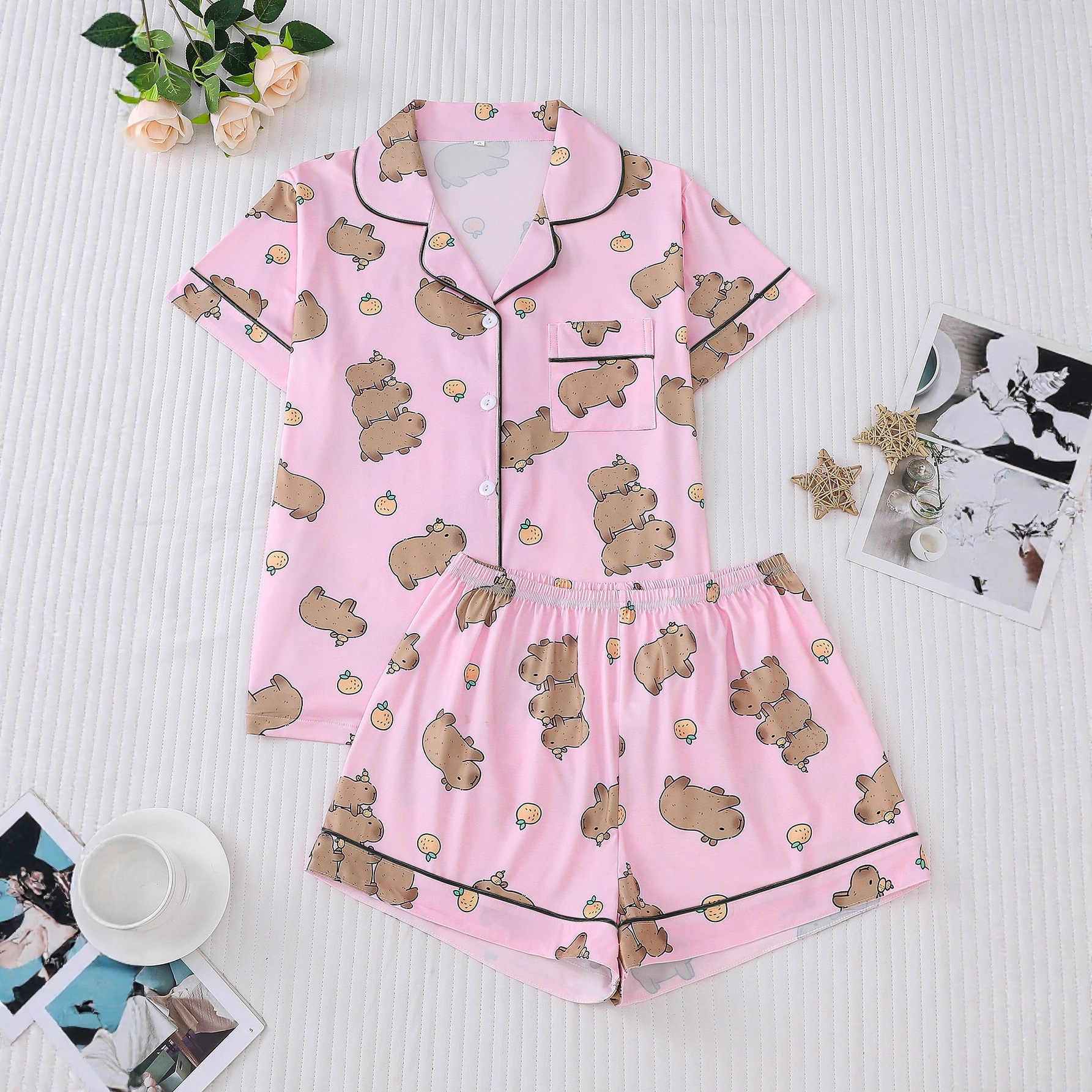 Women's Cute Capybara Print Cuban Collar Short Sleeve Two-Piece Set