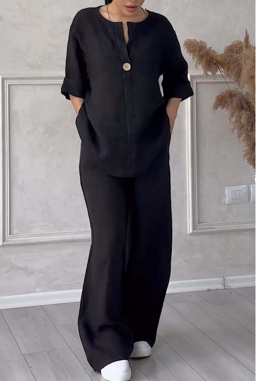 Women's Solid Color Cotton-Linen Casual Pant Set Long Sleeve