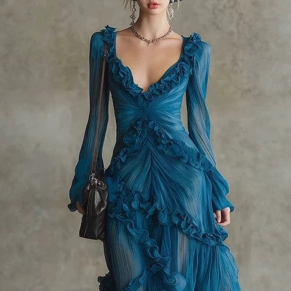 Peacock Blue Deep V Ruffle Pleated Sheer Slit Long Sleeve Maxi Dress