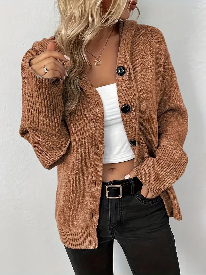 Solid Hooded Button-Down Knit Cardigan with Drawstring
