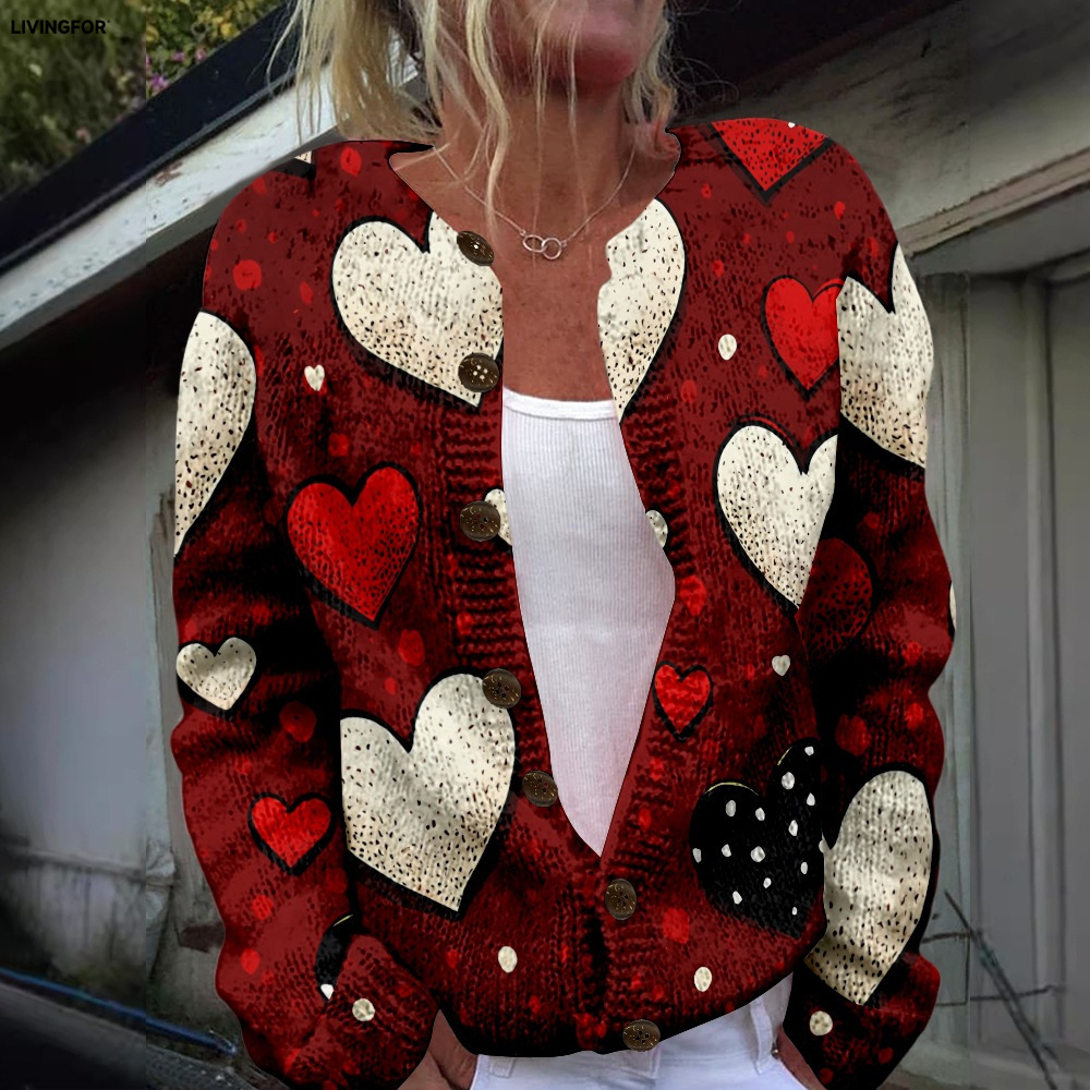 Women's Heart & Flower Print Button Cardigan Sweater