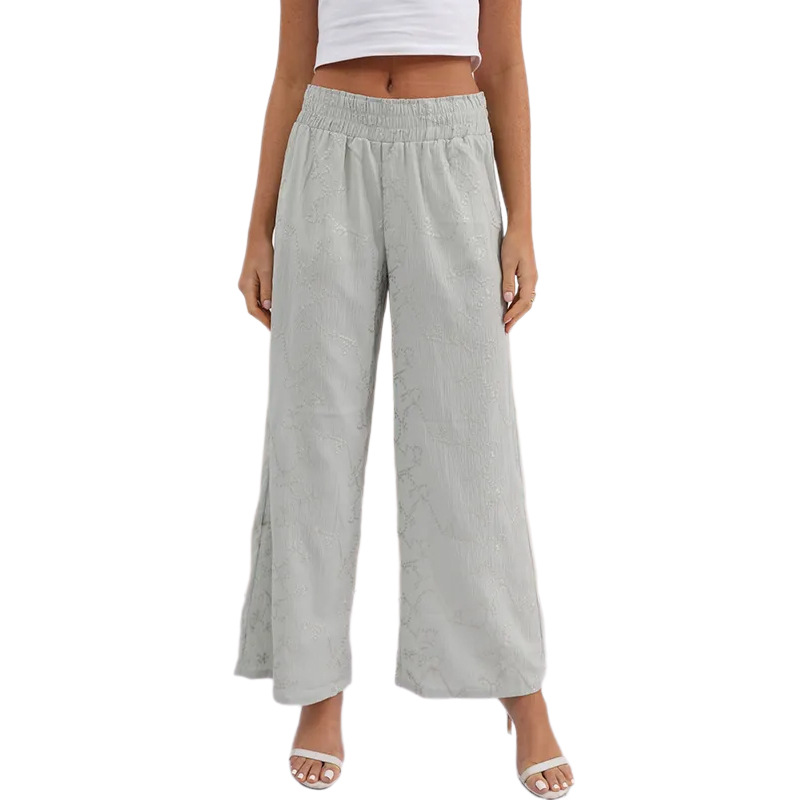 Women's Cotton-Linen Embroidered Wide-Leg Pants with Elastic Waist