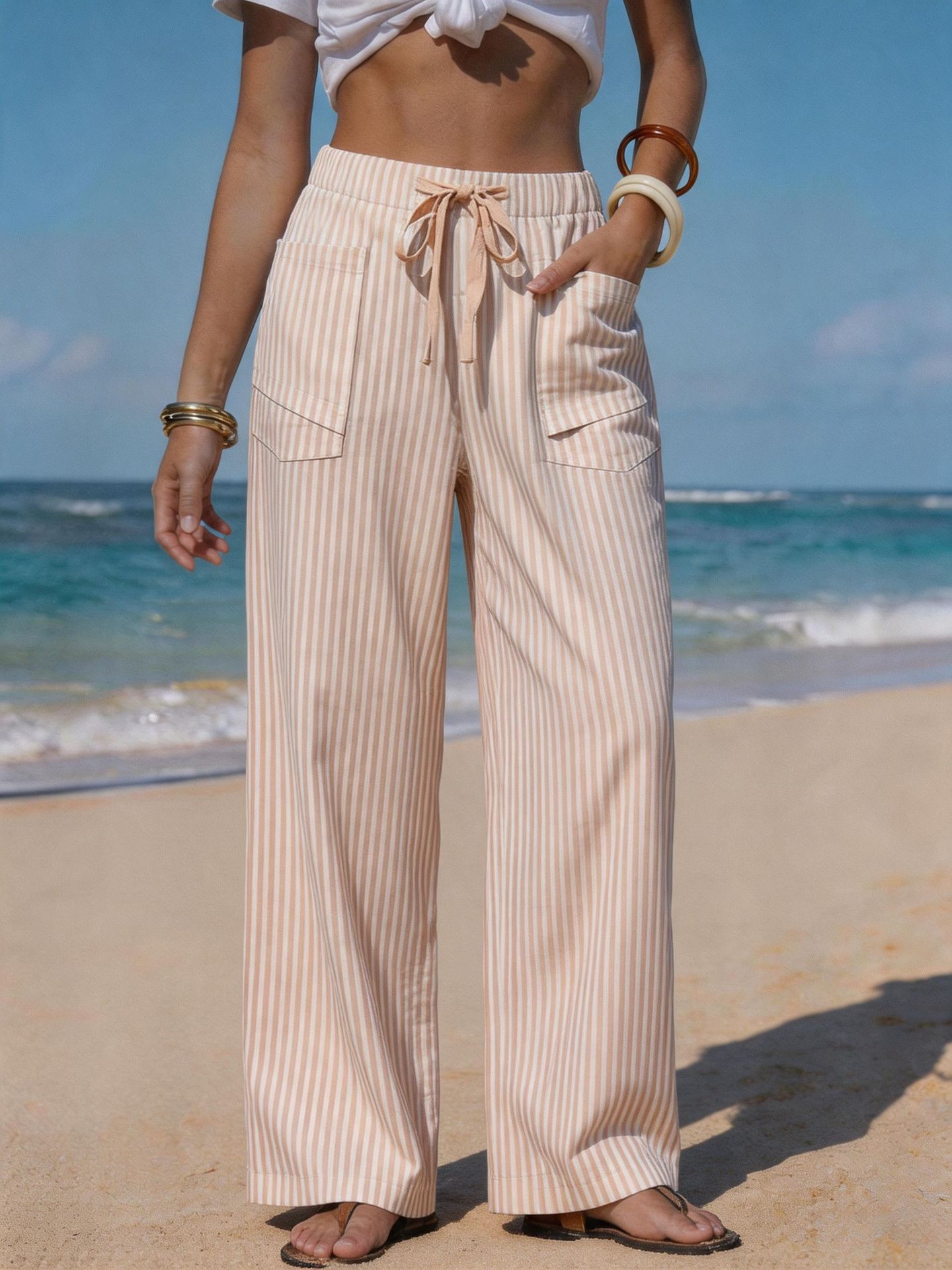Women's Striped Linen-Like Drawstring Pants with Pockets