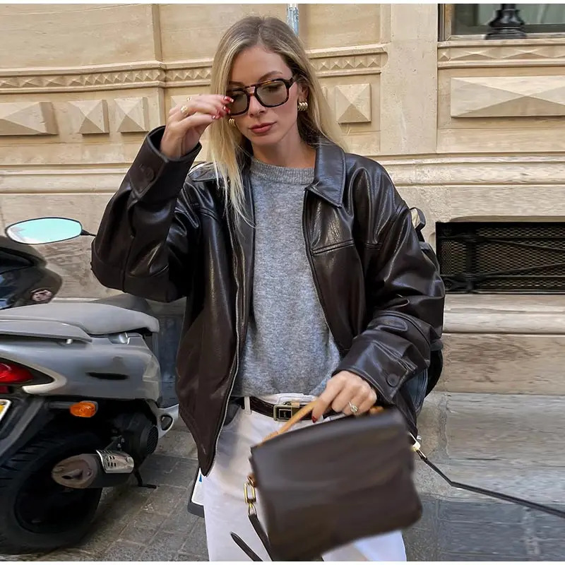 Faux Leather Bomber Jacket for Women
