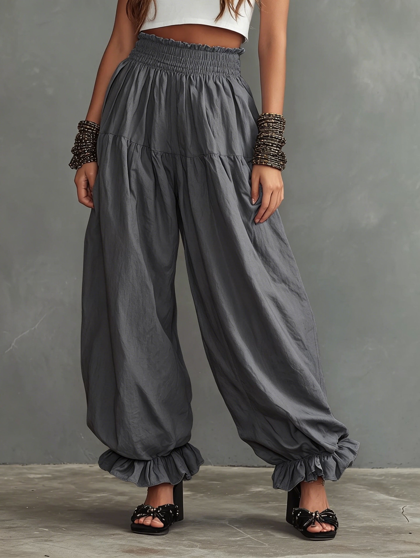 Women's Loose Lantern Pants with Ruffle Hem Casual