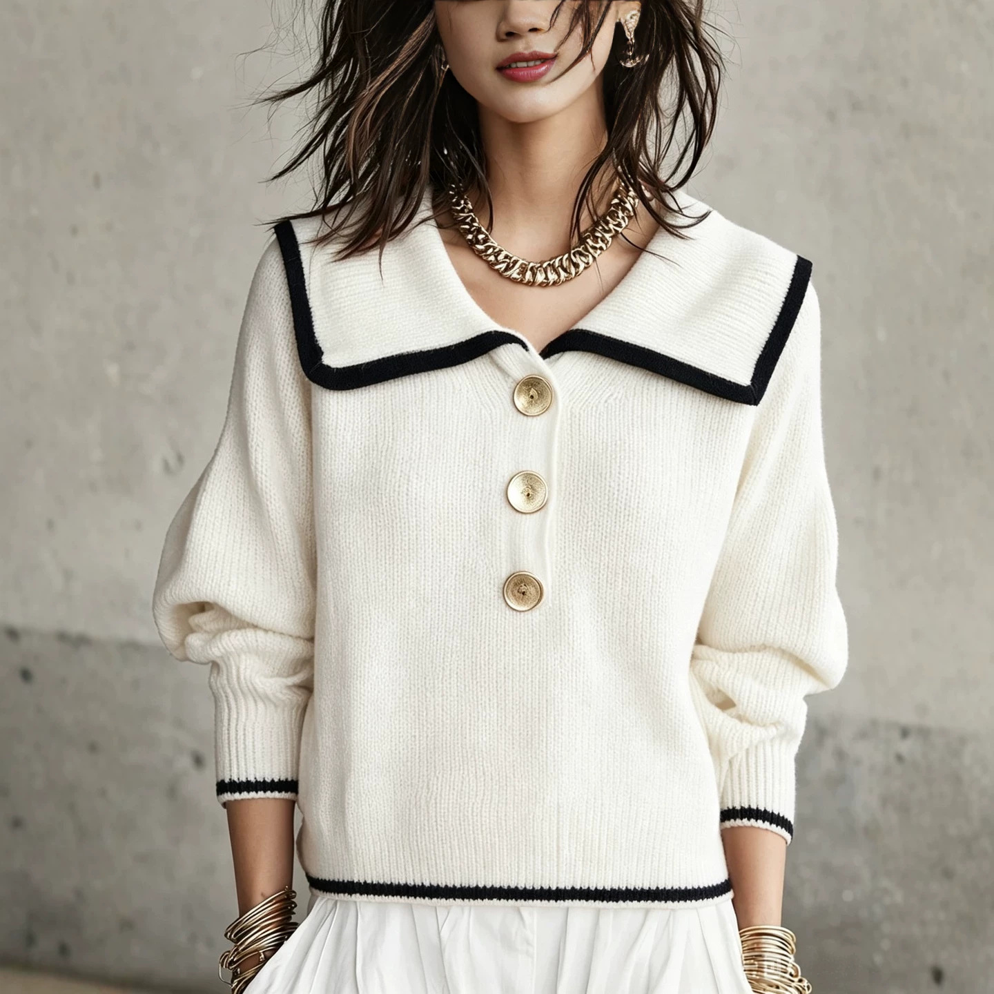 Retro Colorblock Oversized Collar Knit Sweater Loose Long Sleeve Top