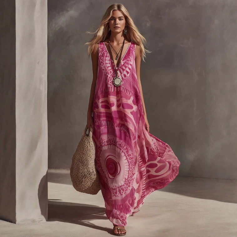 Flowy Vintage Floral Print Pink Chiffon Long Dress