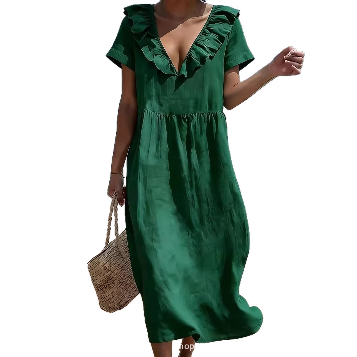 Solid V-Neck Short Sleeve Ruffled A-Line Maxi Dress with Pockets