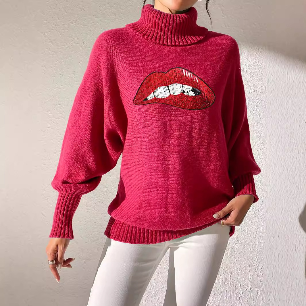 Women's Sequin Embroidered Cartoon Lips Turtleneck Pullover Sweater