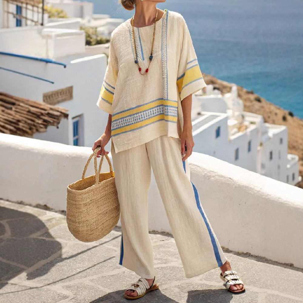 Striped Color-Block Half-Sleeve Top and Straight-Leg Pants Set