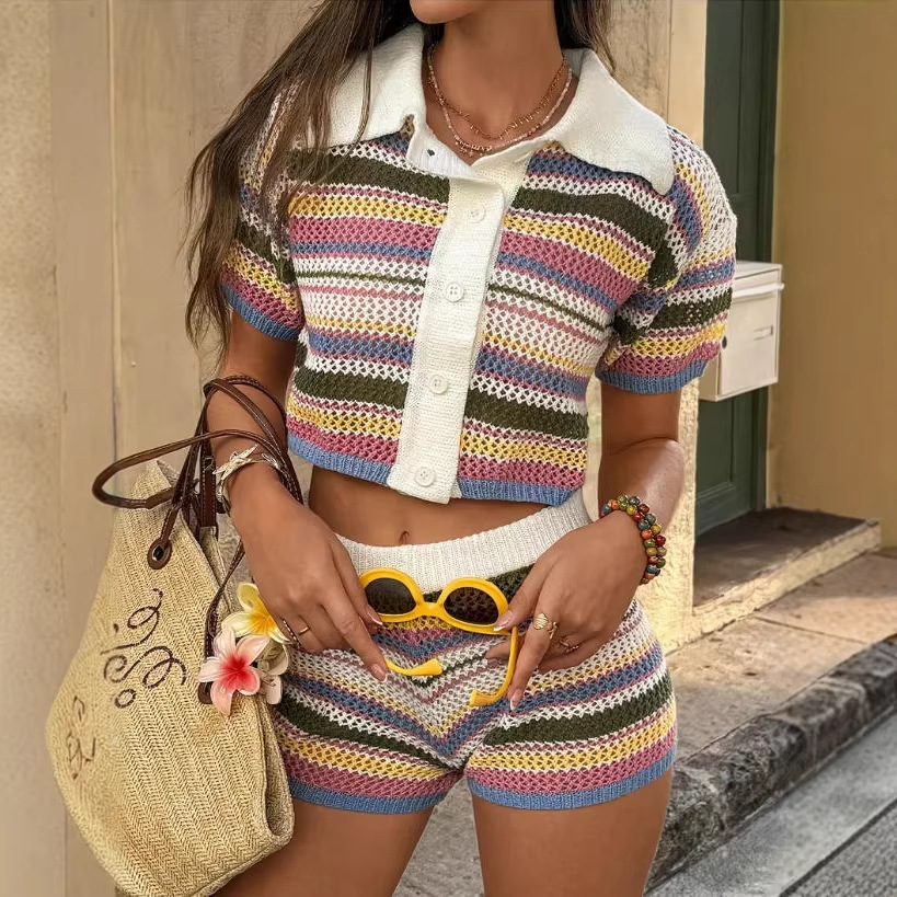 Rainbow Striped Knit Cardigan and Shorts Two-Piece Set