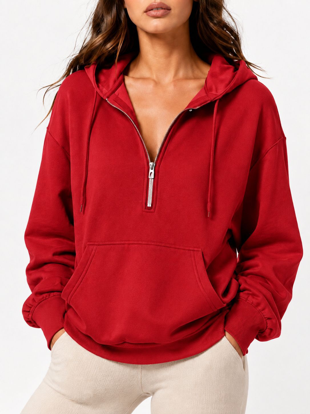 2026 Fall New Cross-Border European and American Loose Hooded Half-Zip Pocket Fall Winter Casual Sweatshirt Women's