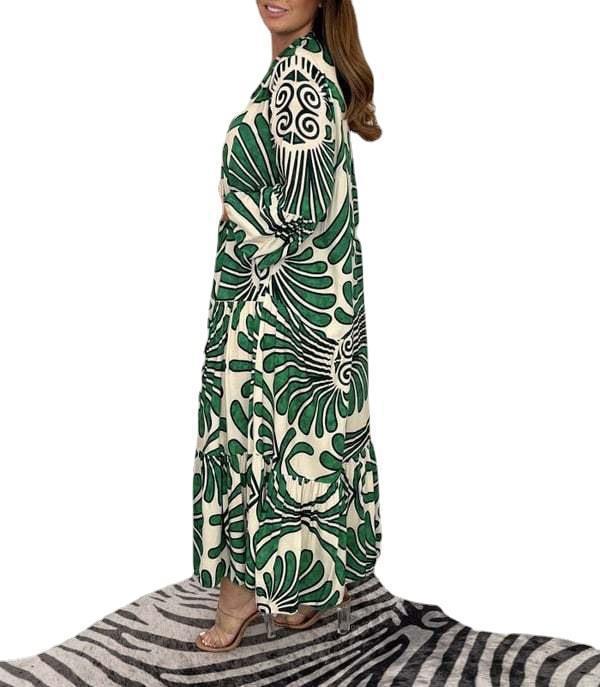 Women's Floral Print Loose Casual Dress with V-Neck and Seven-Sleeve