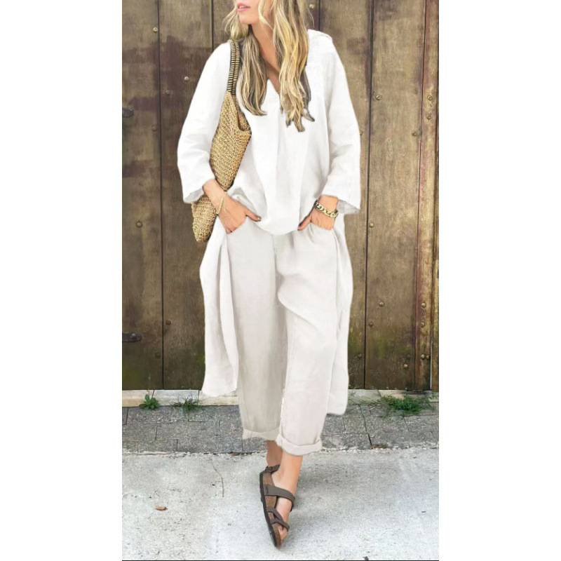 Women's Plus Size Cotton-Linen V-Neck Long Sleeve Top & Pants Set Casual Loungewear