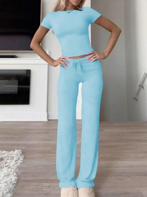 Women's Solid Color Long Pants and Short Sleeve T-Shirt Casual Two-Piece Set